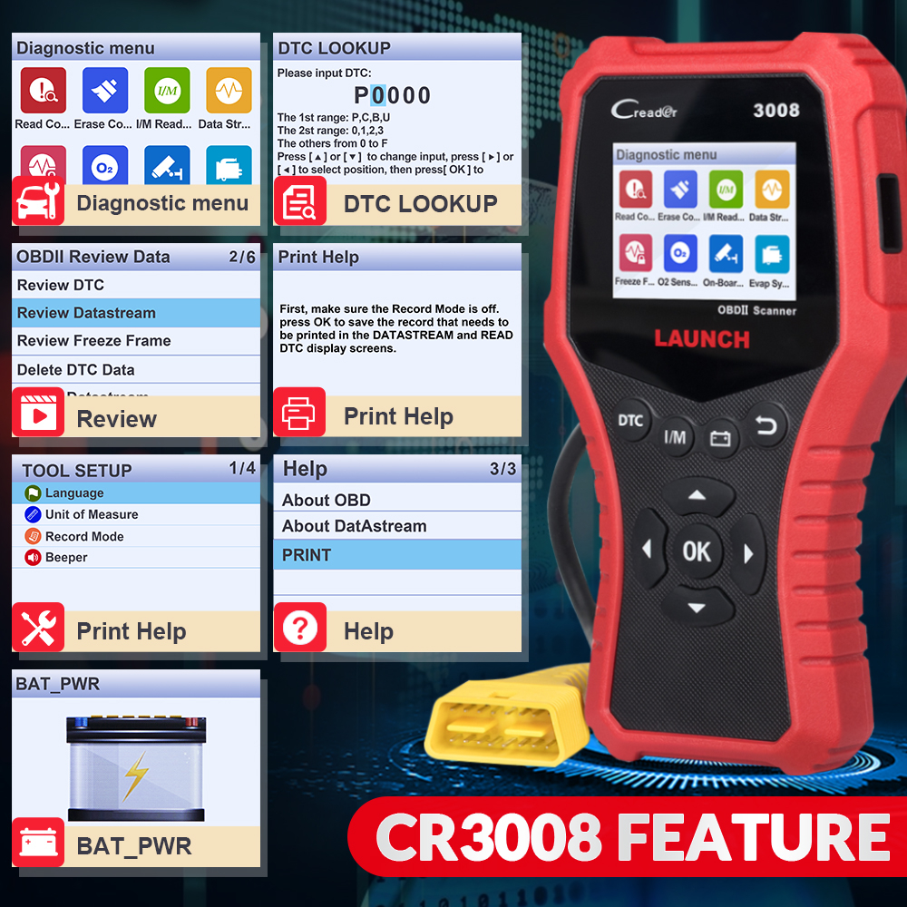 LAUNCH X431 CR3008 OBDII Automotive Scanner OBD2 Code Reader Diagnostic  Tool Check Engine Battery Voltage Free Update pk KW850