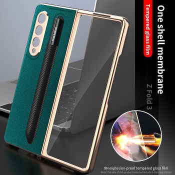 Leather Case with S Pen Slot Holder Plating Frame  for Samsung Galaxy Z Fold 3 5G