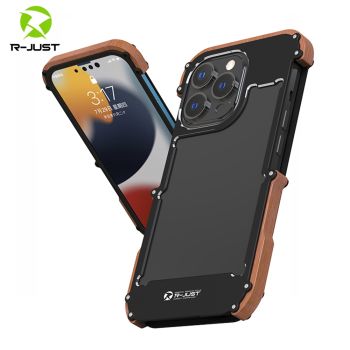 R-JUST Metal Frame + Wooden Bumper Protective Case for iPhone 14 Series