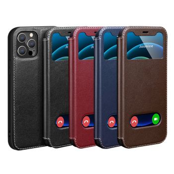 Genuine Leather Yak Pattern Window Flip Case for iPhone 12 13 14 Series