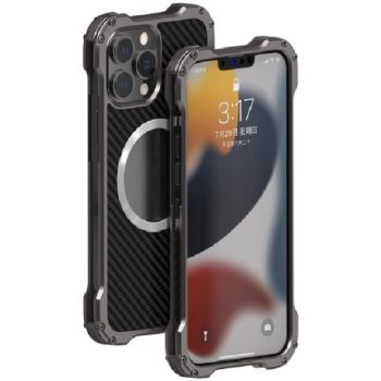 R-JUST Carbon Fiber Hollow Shockproof Metal Protective Case for iPhone 12/13/14 Series