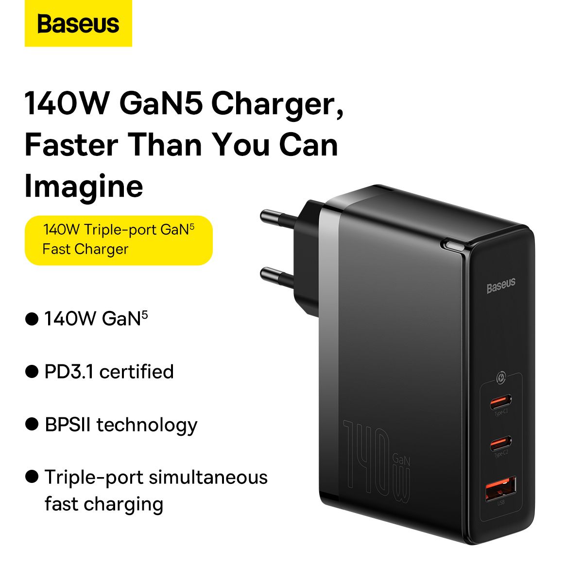Baseus USB C Charger, 140W Wall Charger PD 3.1 with 3.3ft USB C to C Cable, 3-Port GaN5 Charger for Laptops, iPad, iPhone 14 13 Series, Galaxy, MacBoo