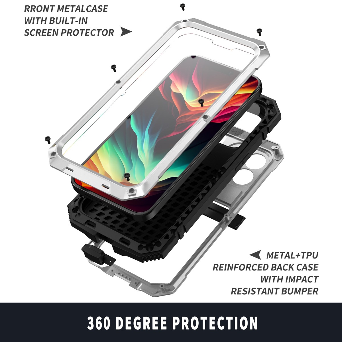 R-JUST Metal + Silicone Holder Rugged Case for iPhone 15 Series
