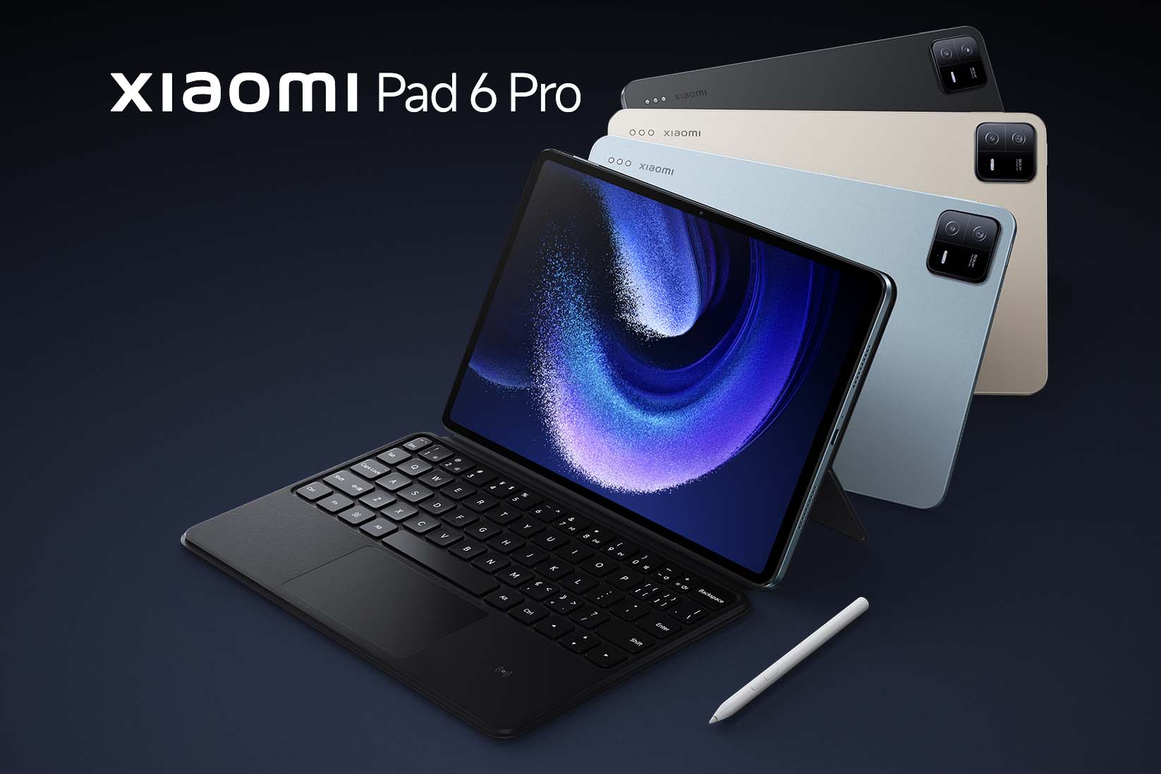  A product image of the Xiaomi Pad 6S Pro 12.4” screen tablet in black, white, and blue colors with a detachable keyboard.