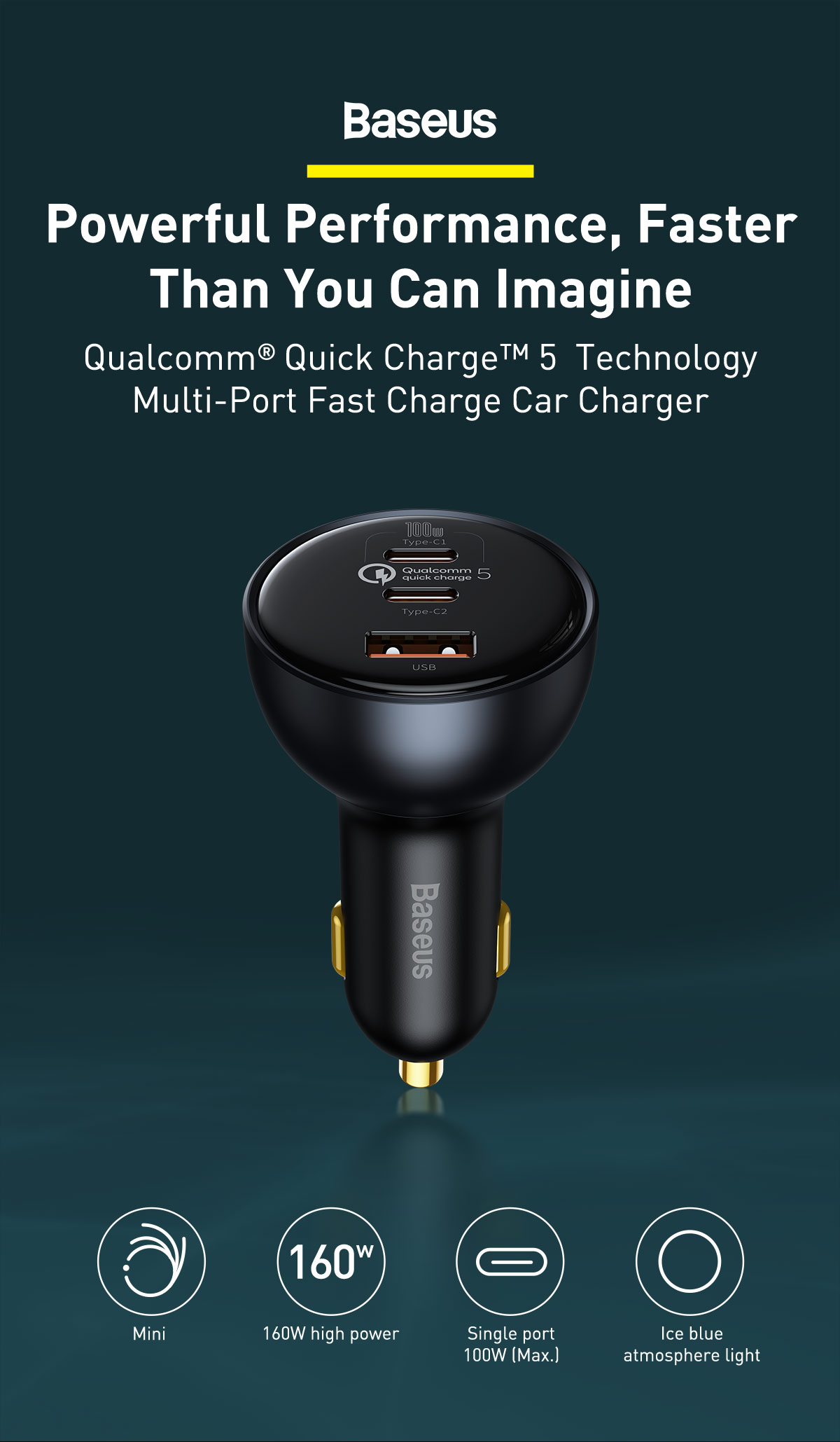 Baseus Qualcomm 160W high power 3-port fast Car Charger