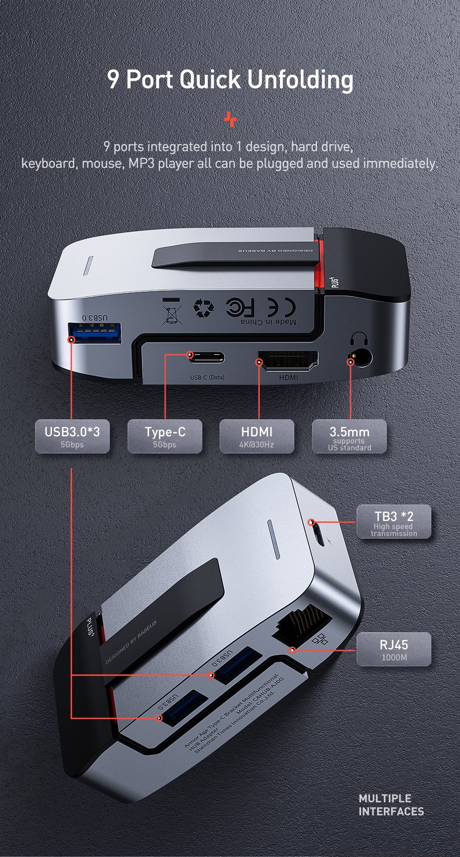 Baseus Armor Age Type-C Bracket Multifunctional HUB Adapter for Macbook Pro 9 in 1 Hub 10